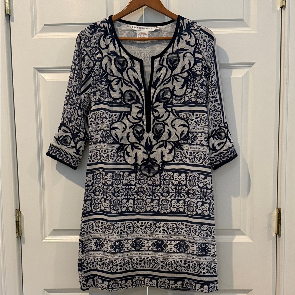 Gretchen Scott Split Neck Dress in Navy and White